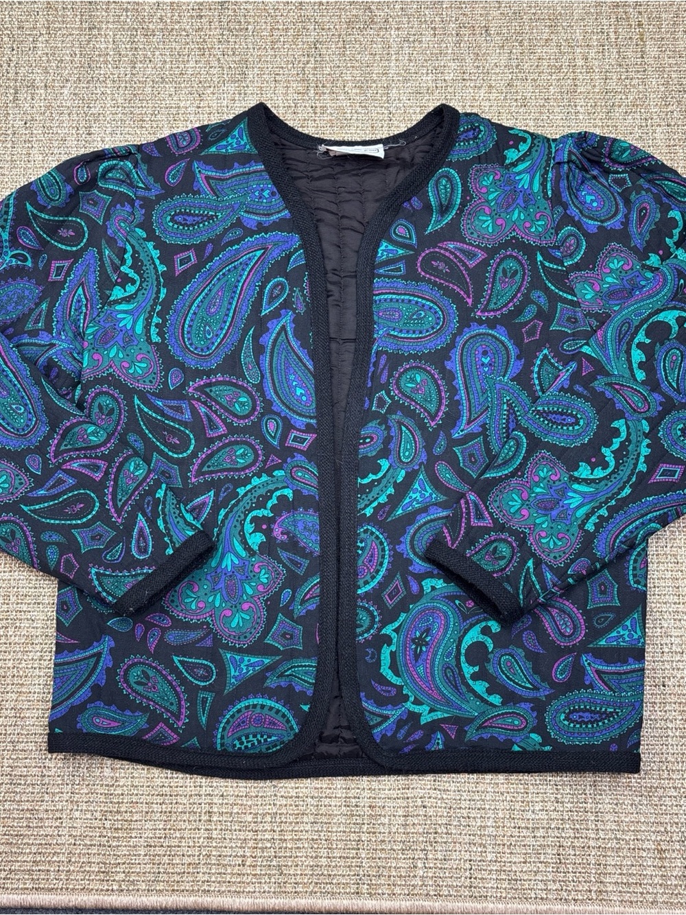 🦚 Vintage Paisley Quilted Jacket | Size M | Black Teal Purple | Cottage/Grandma
